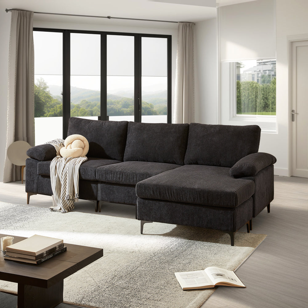Ovios 100.02" Living Room Sofa Reversible Chaise Corduroy Fabric with Ottoman