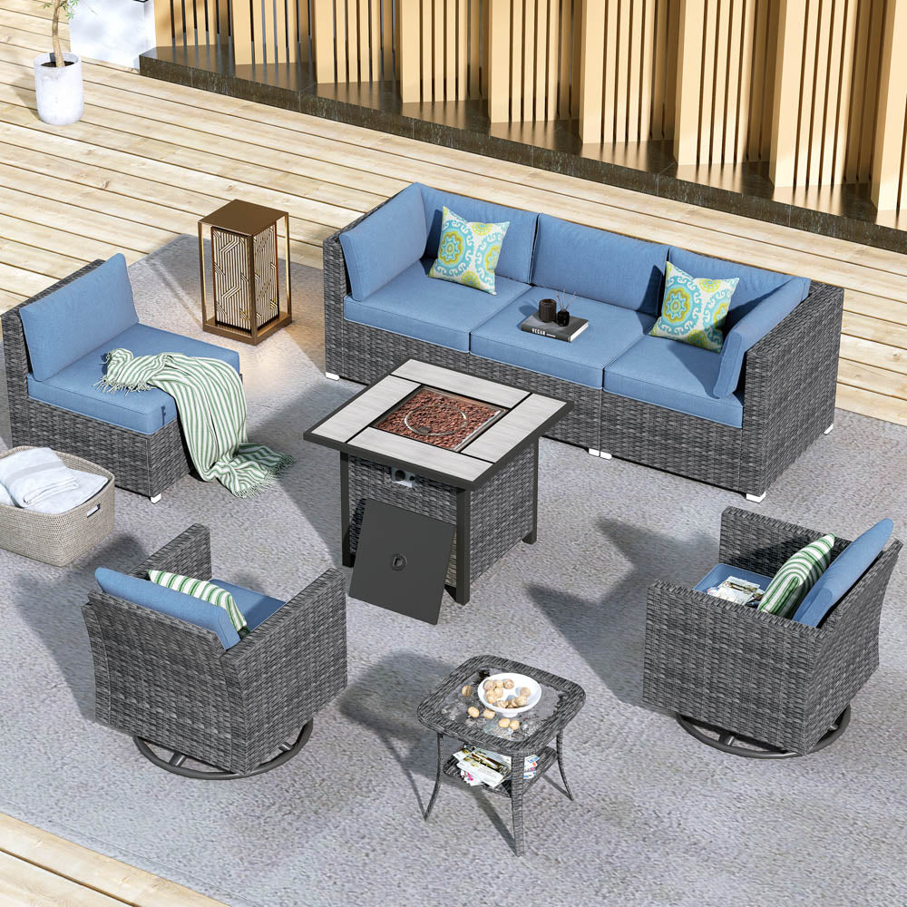 Ovios Patio Furniture 8-Piece Outdoor Sectional Sofa Set with Wicker Rocking Swivel Chairs and 30'' Fire Pit