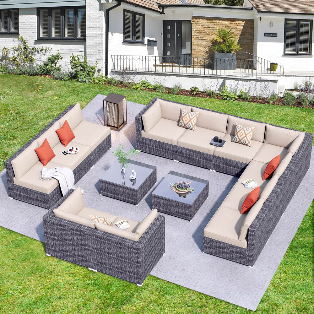 OVIOS Patio Furniture Set 14-Piece with All Weather Rattan Wicker Sofa and Tempered Glass Table