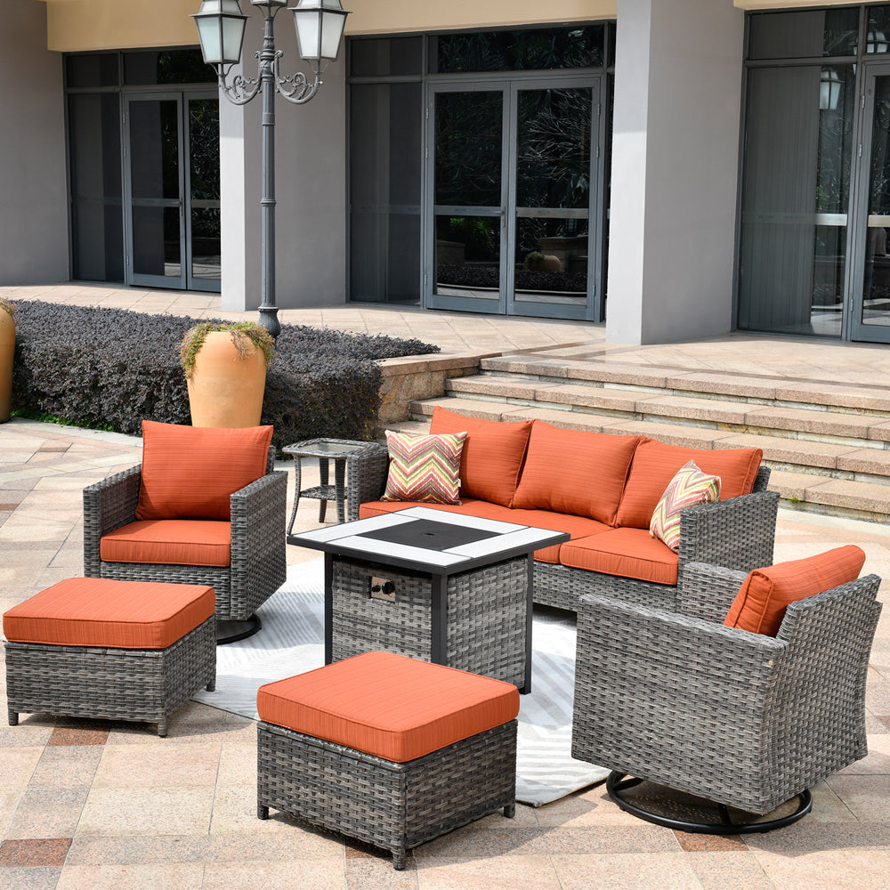 OVIOS Patio Vultros 7-Piece Set with 2 Rocking chairs and 30'' Propane Fire Pit Table