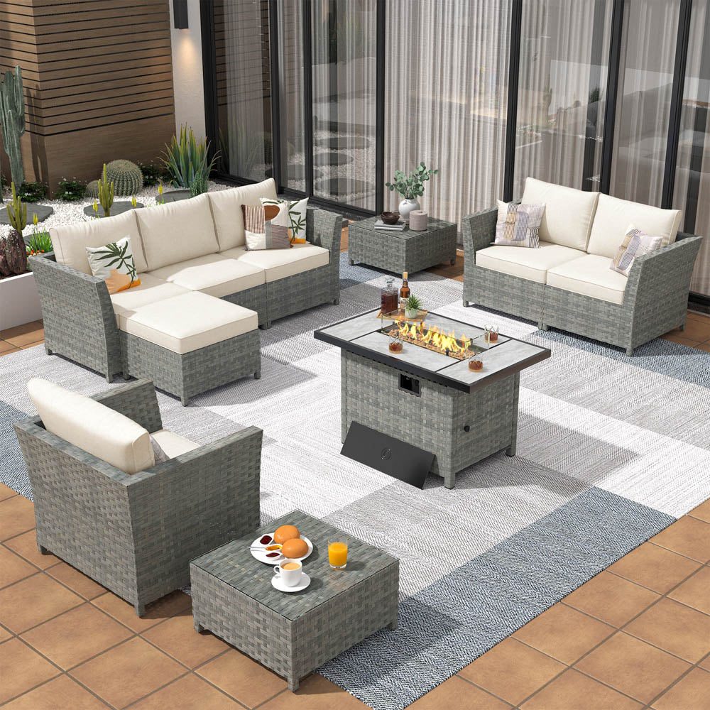 OVIOS New Rimaru Series Patio Furniture Set 10-Piece include 42"Rectangle Fire Pit Table Partially Assembled