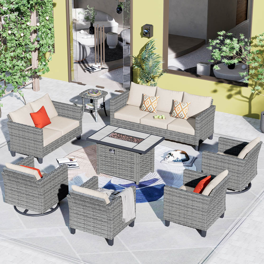 OVIOS Patio Vultros 8-Piece Set With Swivel Chair and Rectangle 42'' Propane Fire Pit Table
