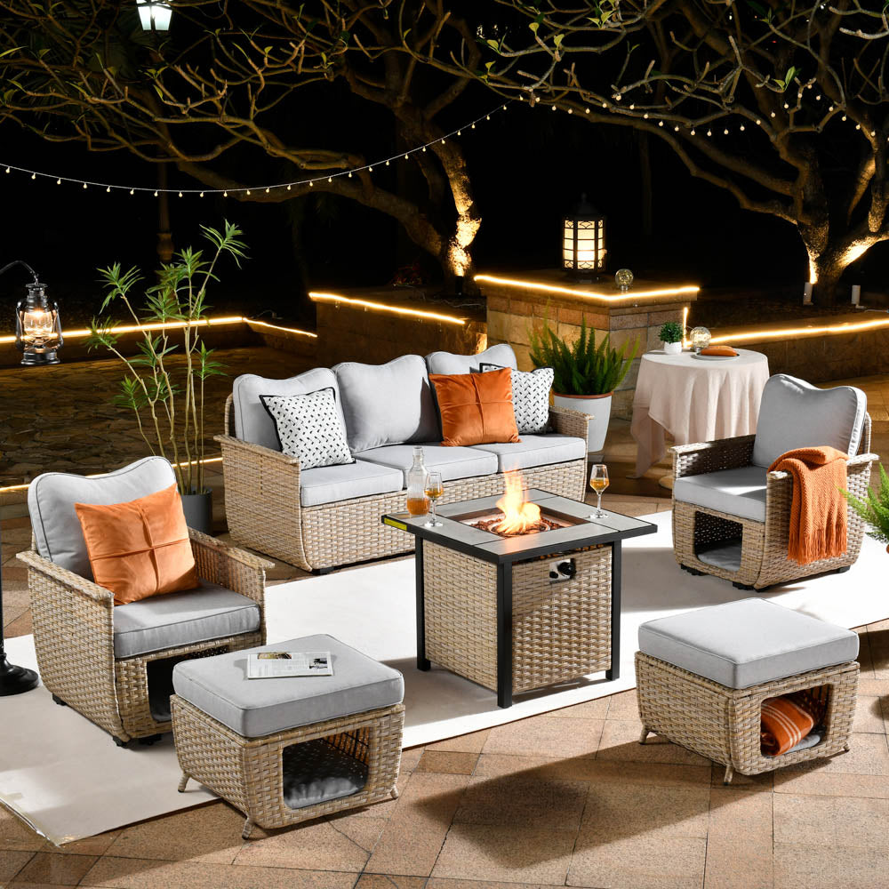 Ovios Patio Conversation Set 6 Pieces Beige Wicker with 30'' Fire Pit and Multifunctional Storage