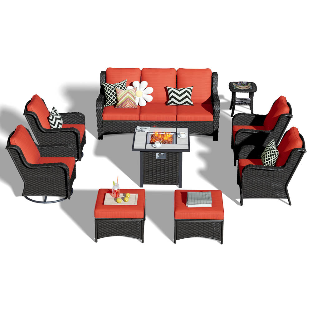 Ovios Outdoor Furniture 9-Piece with 30'' Fire Pit Table and Kenard 2 Rocking Chairs