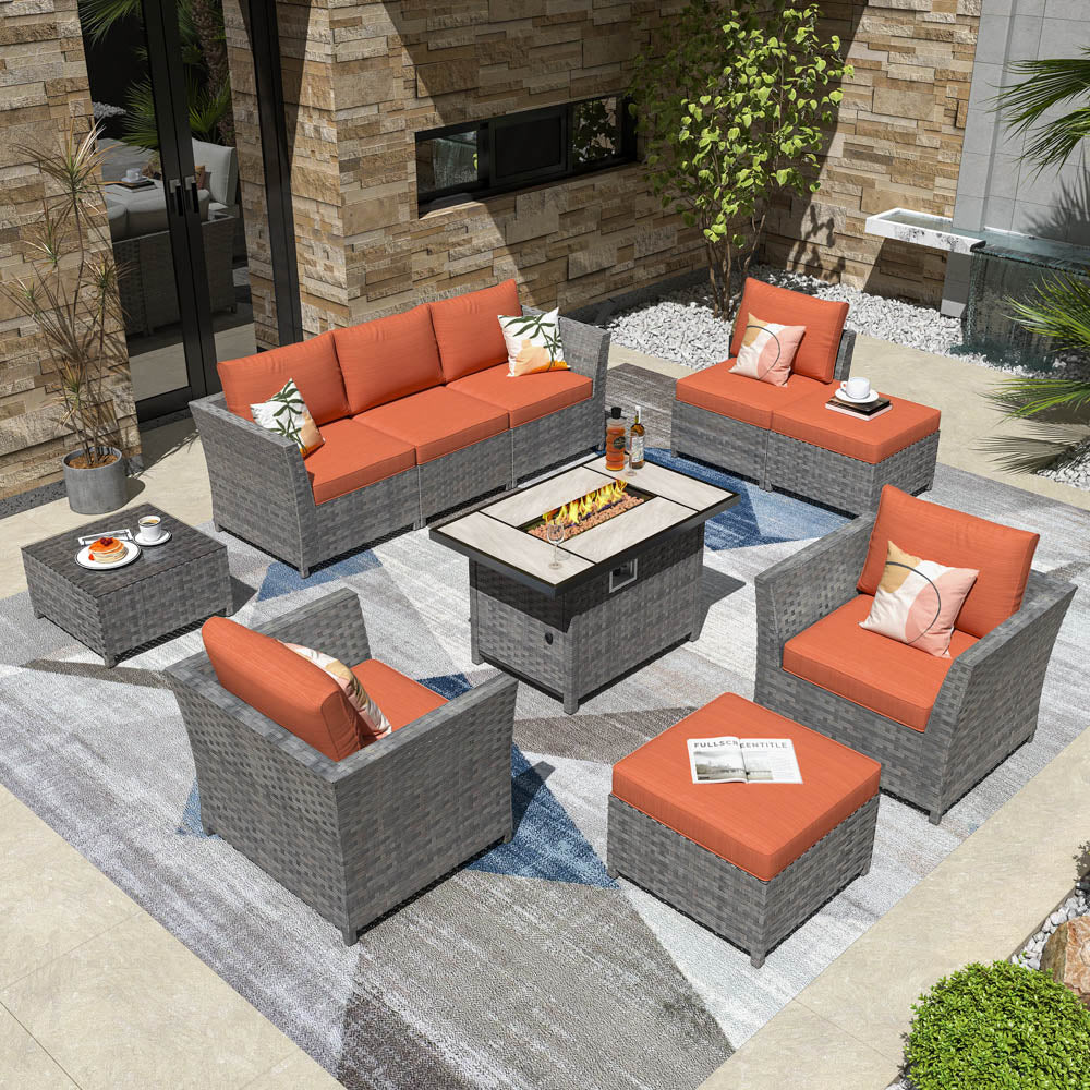 OVIOS New Rimaru Series Patio Furniture Set 10-Piece include 42"Rectangle Fire Pit Table Partially Assembled