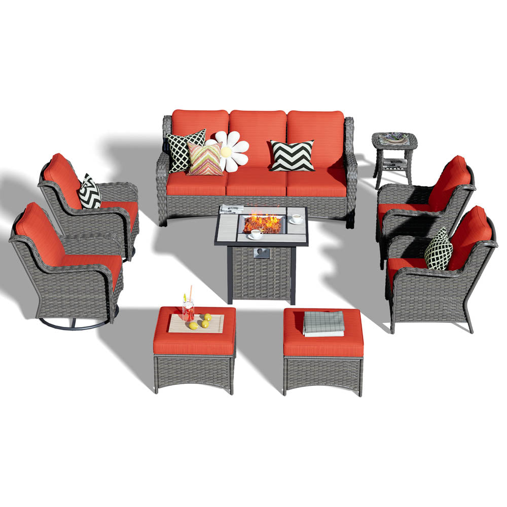 Ovios Outdoor Furniture 9-Piece with 30'' Fire Pit Table and Kenard 2 Rocking Chairs