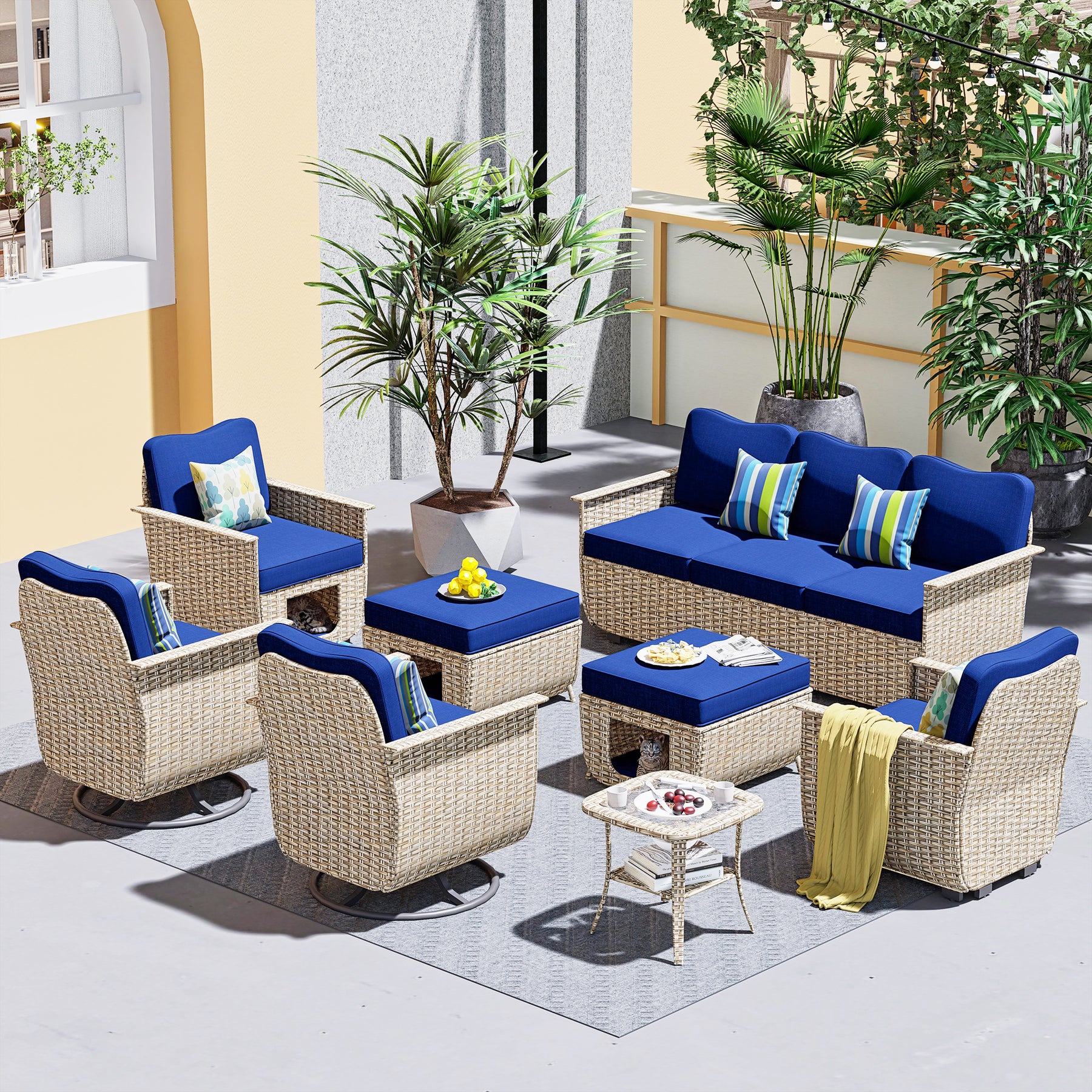 Ovios Outdoor Furniture Beige Wicker Set 8 Pieces with 2 Swivel Chair Side Table and Multifunctional Storage