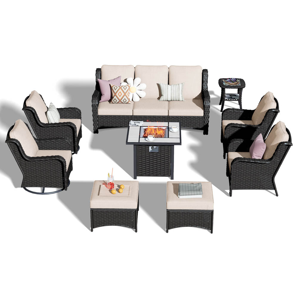 Ovios Outdoor Furniture 9-Piece with 30'' Fire Pit Table and Kenard 2 Rocking Chairs
