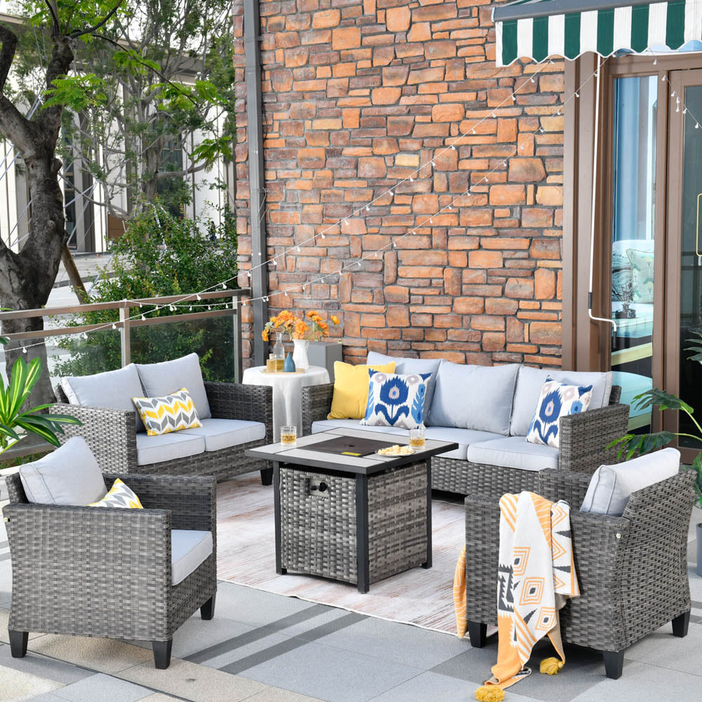 OVIOS Patio Vultros Furniture Set 7-Person Seating with 30'' Propane Fire Pit Table