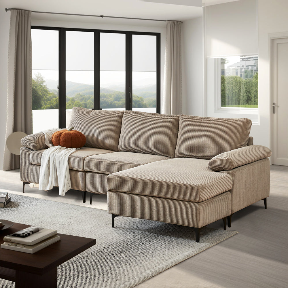Ovios 100.02" Living Room Sofa Reversible Chaise Corduroy Fabric with Ottoman