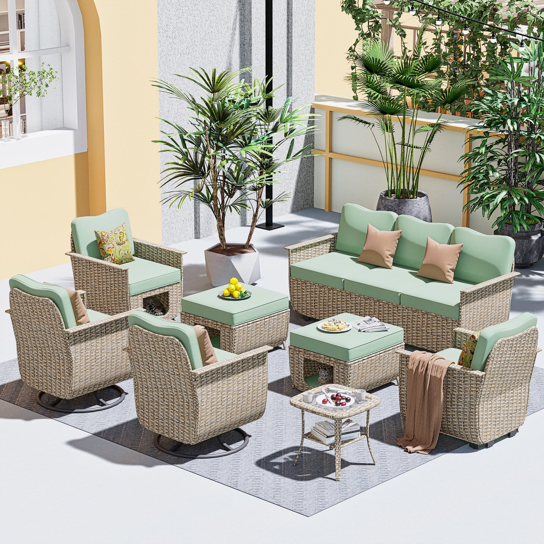 Ovios Outdoor Furniture Beige Wicker Set 8 Pieces with 2 Swivel Chair Side Table and Multifunctional Storage