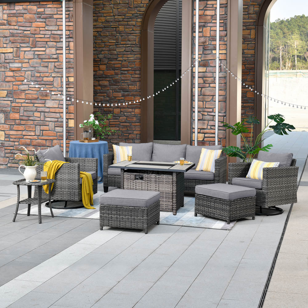 Ovios Patio Vultros 7-Piece Set With Swivel Chair and Rectangle 42'' Propane Fire Pit Table