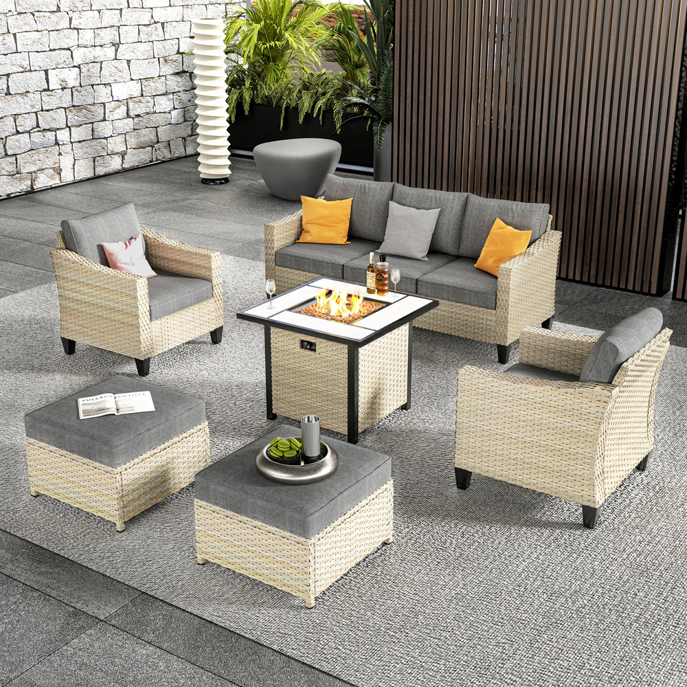 Ovios Athena Series Outdoor Patio Furniture Set with 30'' Fire Pit Table 6-Piece