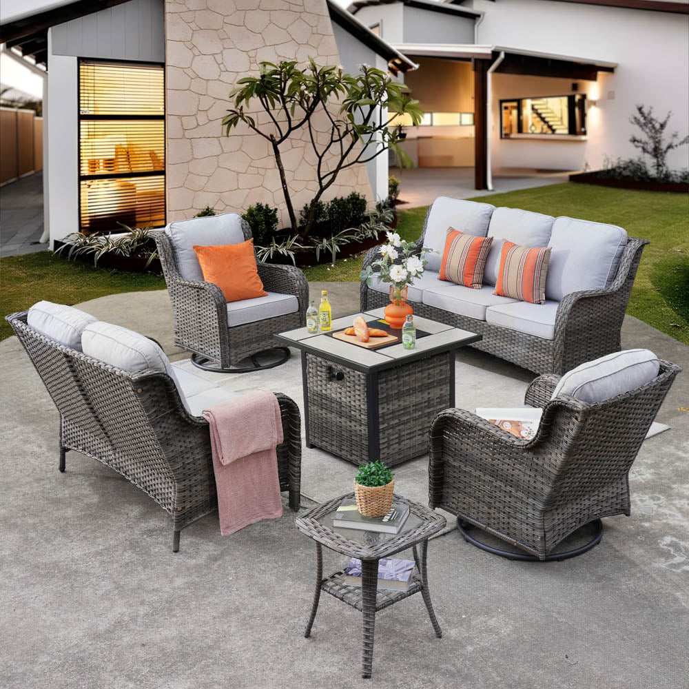 OVIOS Patio Kenard 6-Piece Conversation Set with 30'' Propane Fire Pit Table and Rocking Chairs