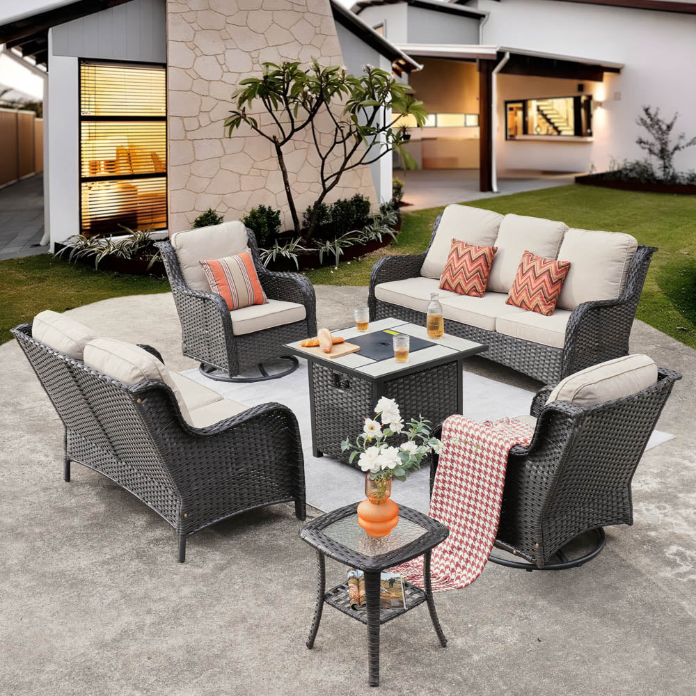 OVIOS Patio Kenard 6-Piece Conversation Set with 30'' Propane Fire Pit Table and Rocking Chairs