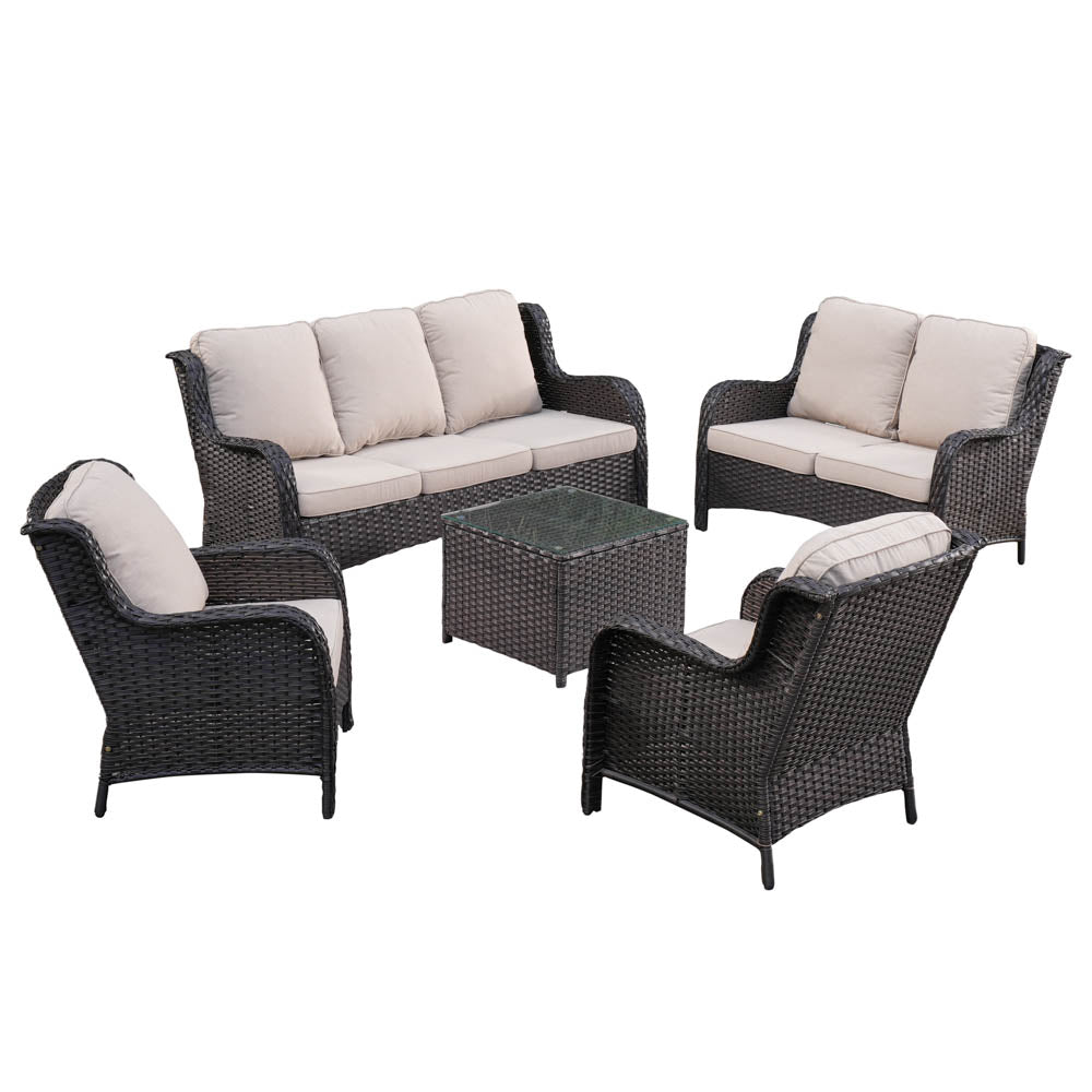 Ovios Patio Kenard 5-Piece Conversation Set with Loveseat and Tempered Glass Table