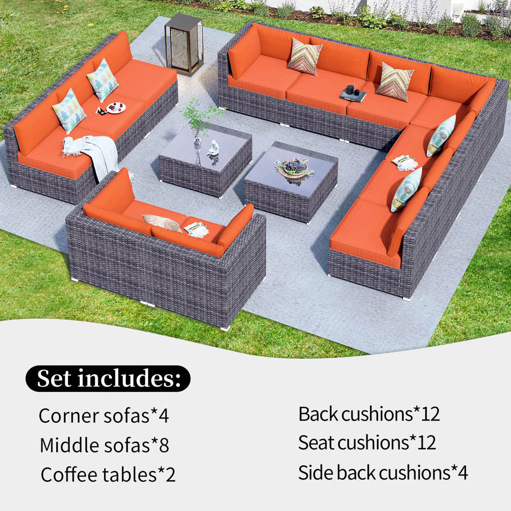 OVIOS Patio Furniture Set 14-Piece with All Weather Rattan Wicker Sofa and Tempered Glass Table