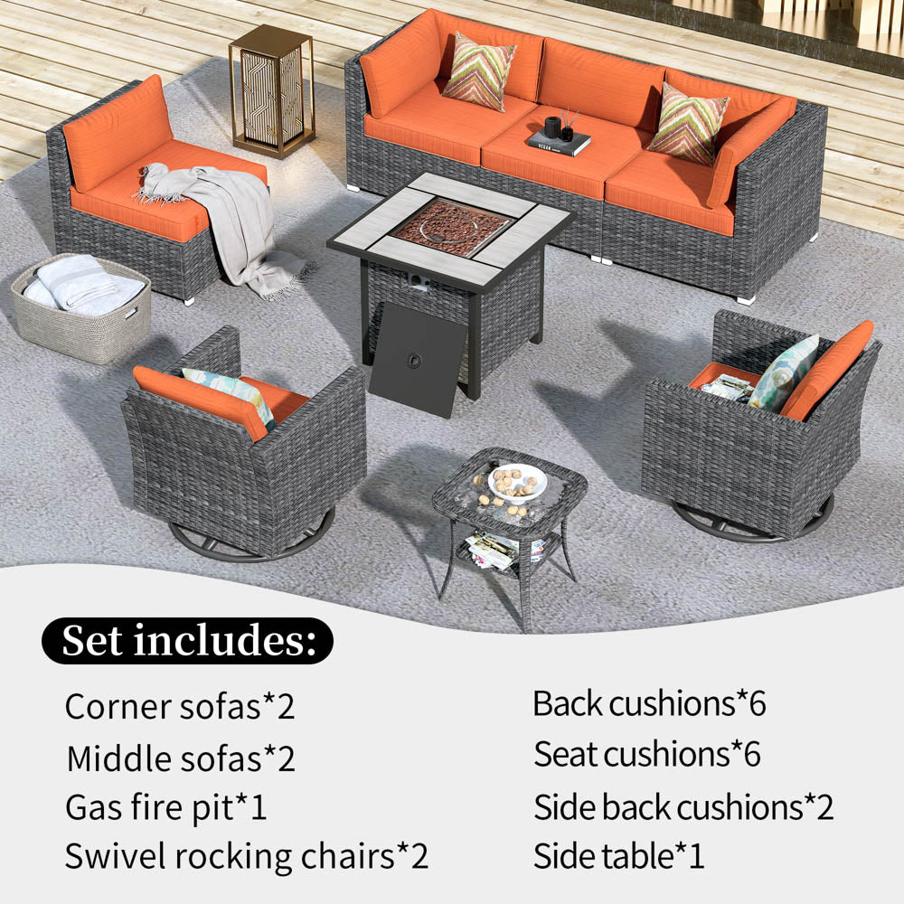OVIOS Patio Furniture 8-Piece Outdoor Sectional Sofa Set with Wicker Rocking Swivel Chairs and 30'' Fire Pit