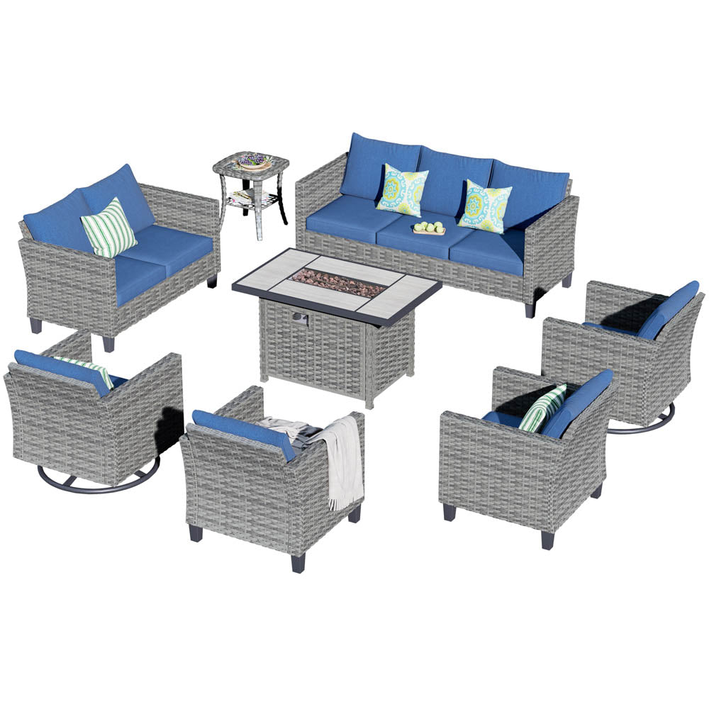 Ovios Patio Vultros 8-Piece Set With Swivel Chair and Rectangle 42'' Propane Fire Pit Table