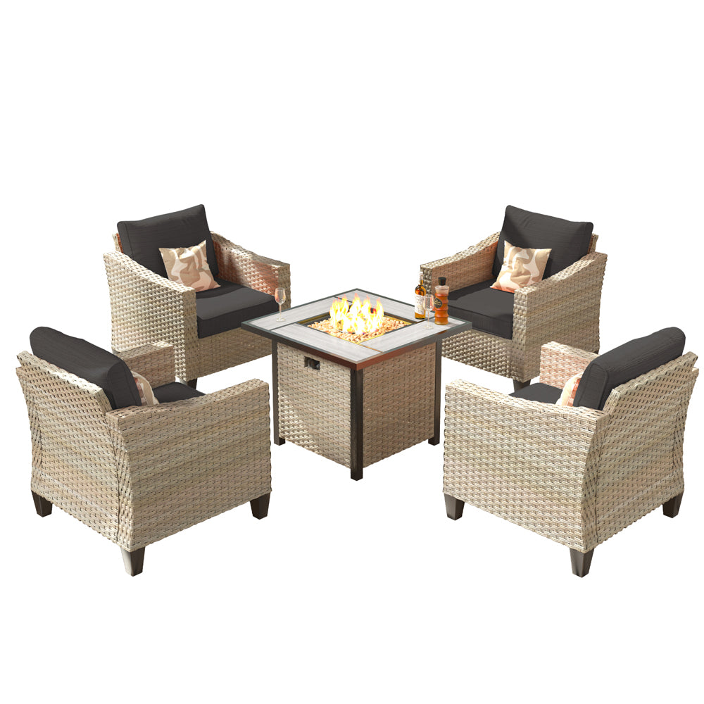 Ovios Athena Series Outdoor Patio Furniture Set with 30'' Fire Pit Table 5-Piece
