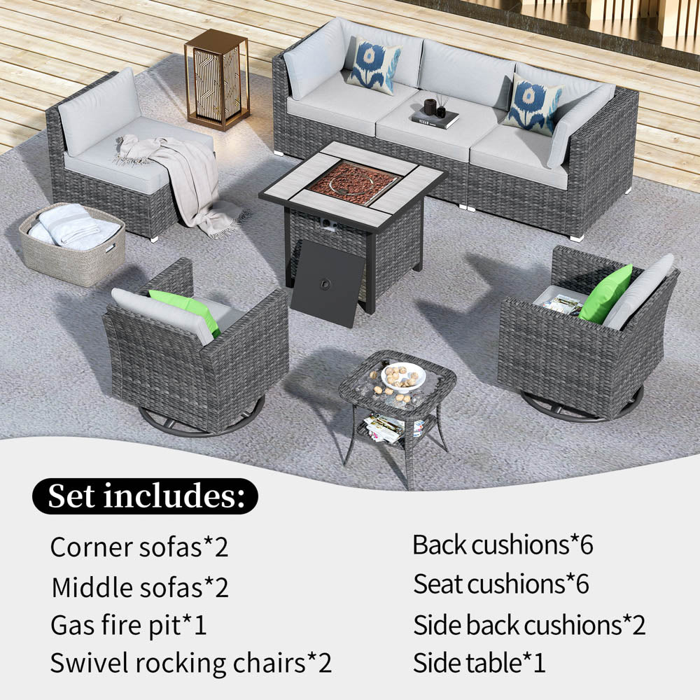 OVIOS Patio Furniture 8-Piece Outdoor Sectional Sofa Set with Wicker Rocking Swivel Chairs and 30'' Fire Pit