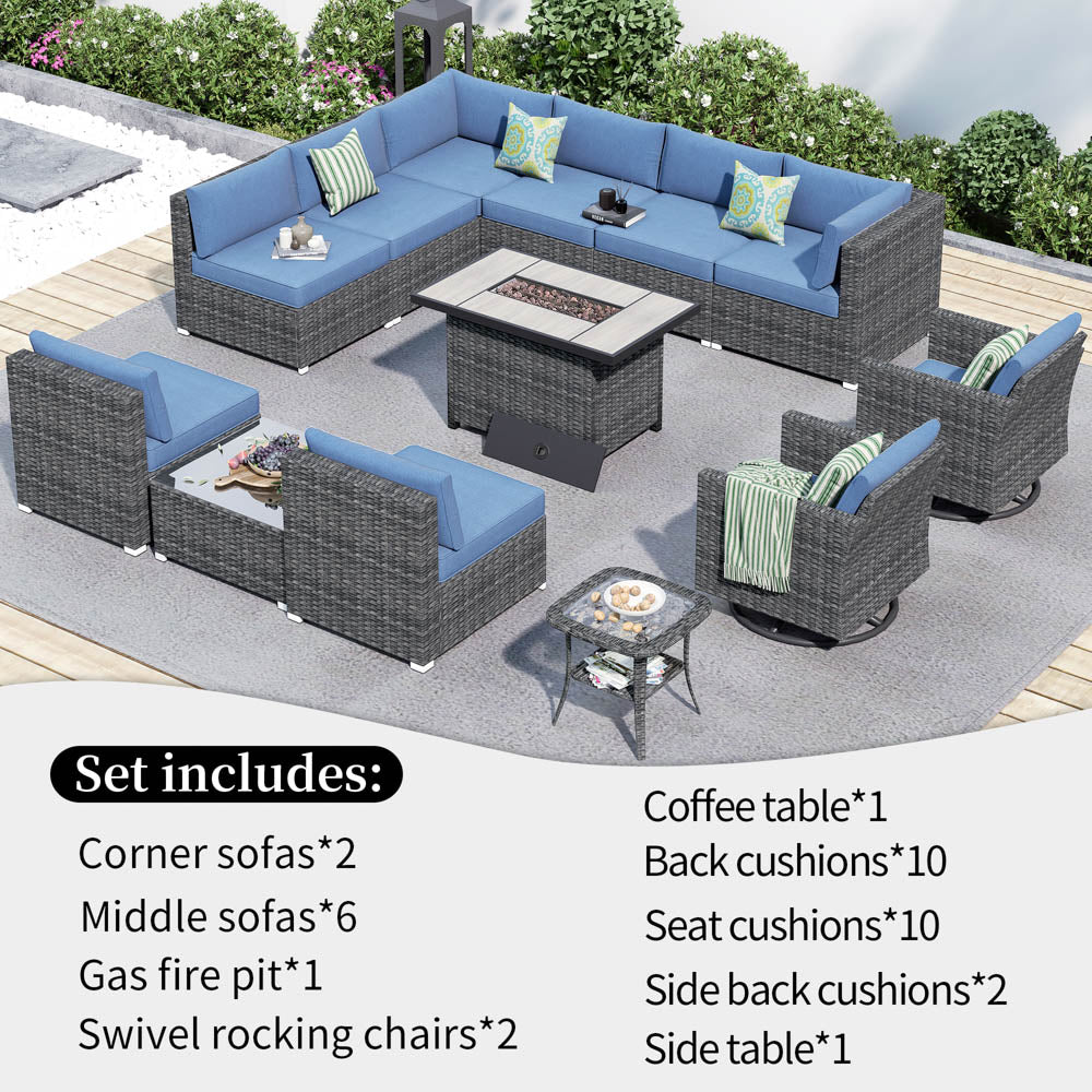 OVIOS Patio Furniture 13-Piece Outdoor Sectional Sofa Set with Wicker Rocking Swivel Chairs and 42.12'' Fire Pit