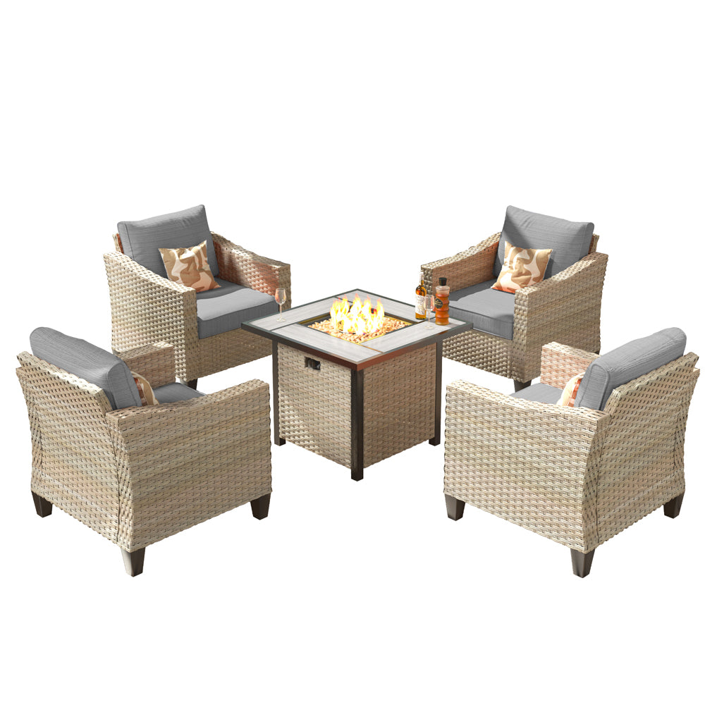 Ovios Athena Series Outdoor Patio Furniture Set with 30'' Fire Pit Table 5-Piece