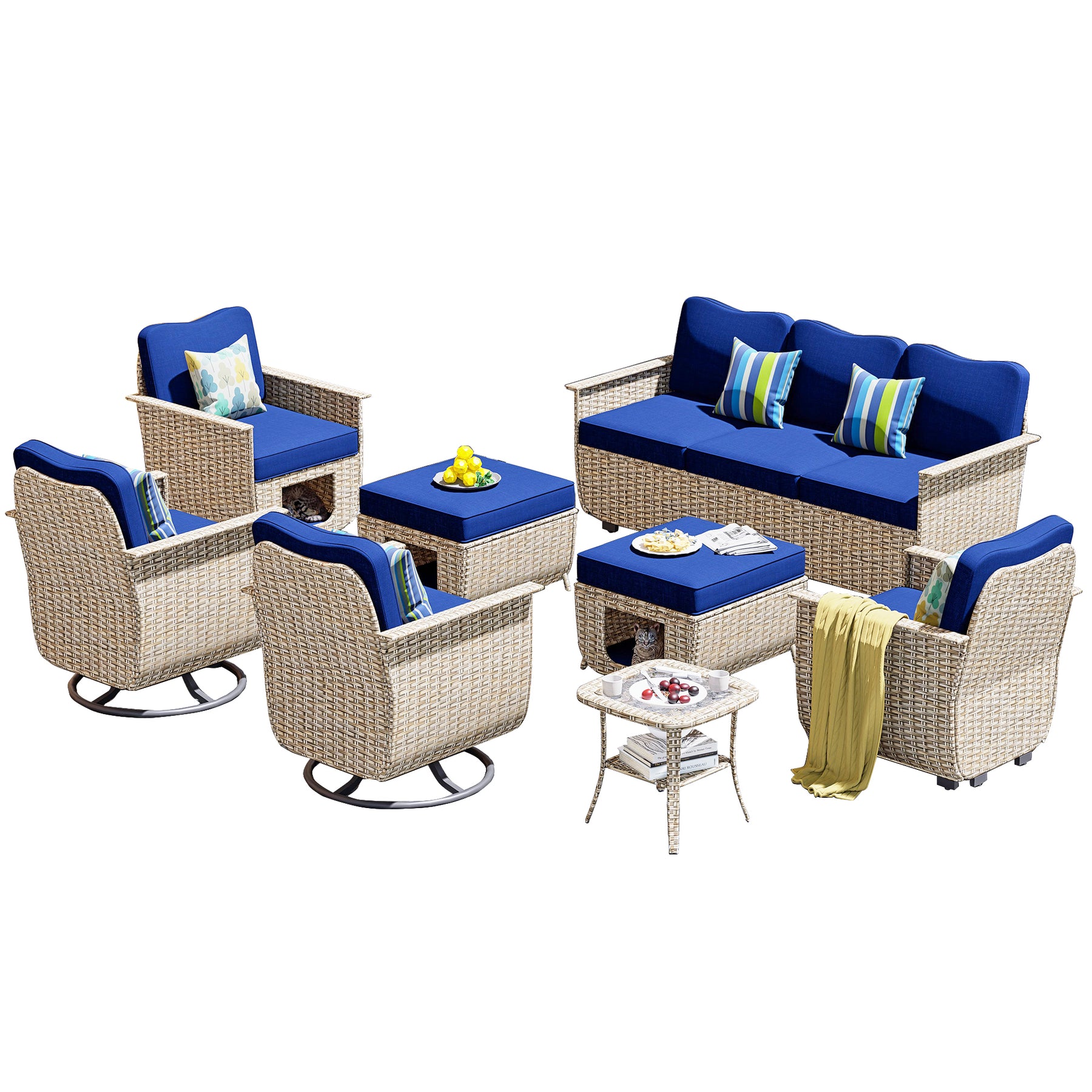 Ovios Outdoor Furniture Beige Wicker Set 8 Pieces with 2 Swivel Chair Side Table and Multifunctional Storage