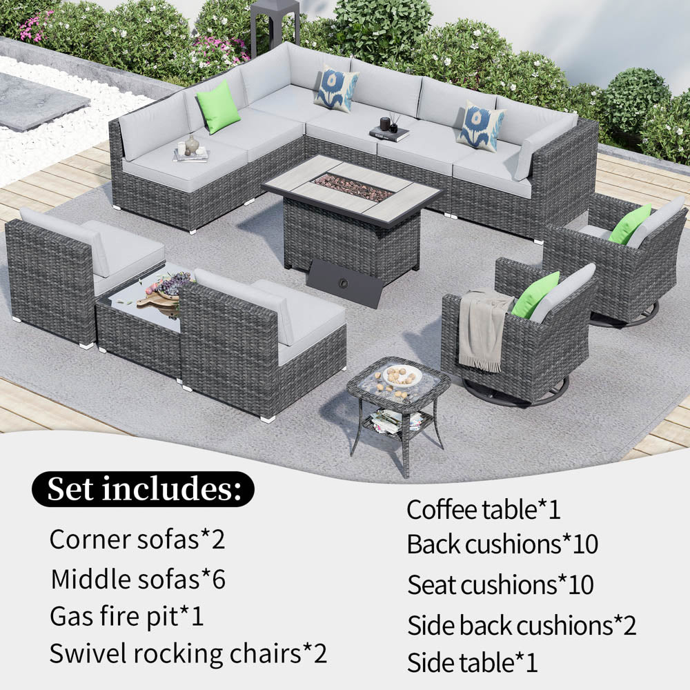 OVIOS Patio Furniture 13-Piece Outdoor Sectional Sofa Set with Wicker Rocking Swivel Chairs and 42.12'' Fire Pit