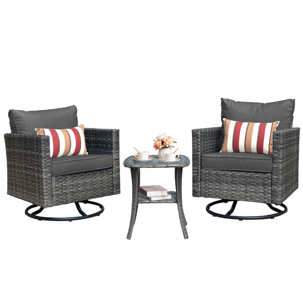 Ovios Patio Furniture 3-Piece Set with Swivel Chairs and Table Square Shape Armrest