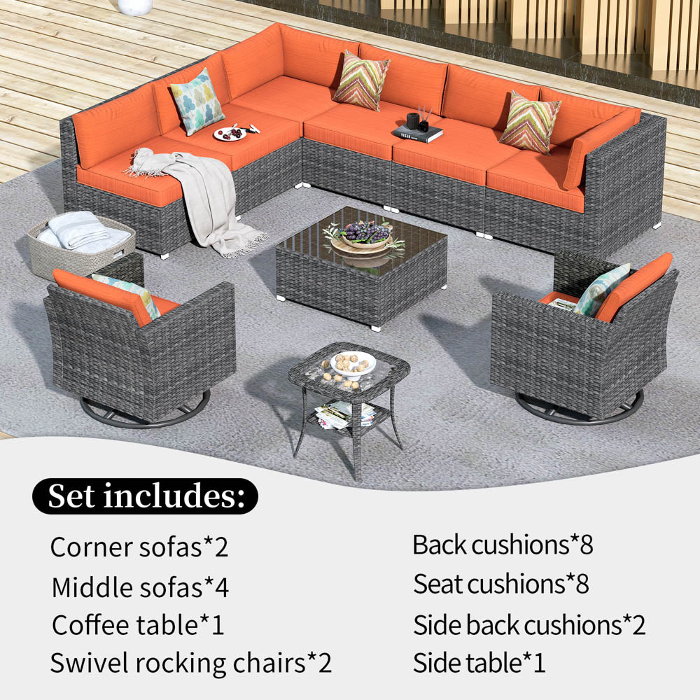 OVIOS Patio Furniture 10-Piece Outdoor Sectional Sofa Set with Wicker Rocking Swivel Chairs and Tempered Glass Table