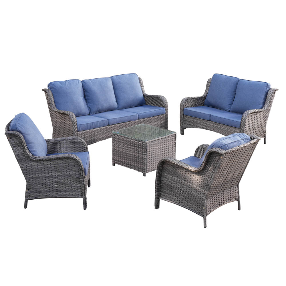 Ovios Patio Kenard 5-Piece Conversation Set with Loveseat and Tempered Glass Table