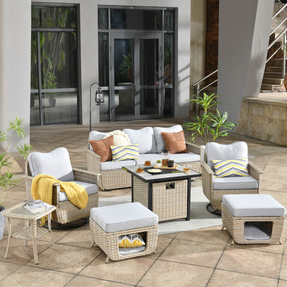 Ovios Patio Pet Conversation Set Beige Wicker 7 Pieces with 30'' Fire Pit and Swivel Rocking Chairs