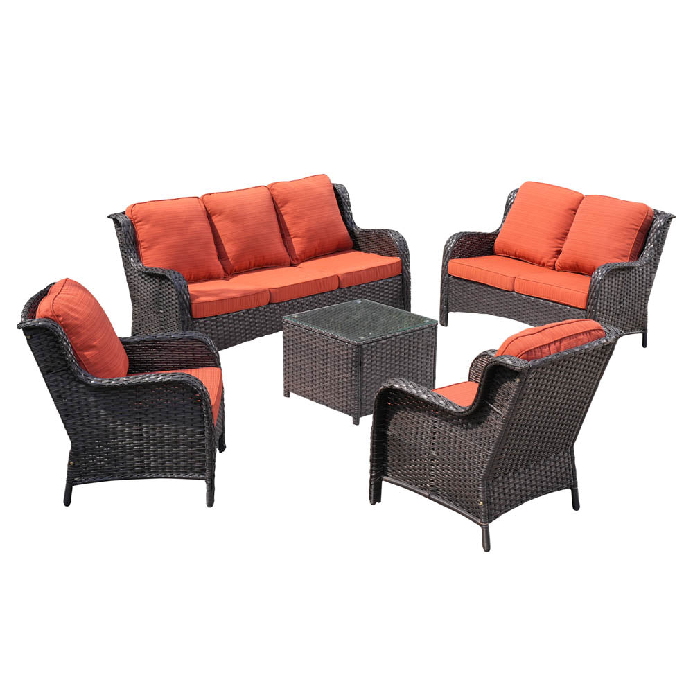 Ovios Patio Kenard 5-Piece Conversation Set with Loveseat and Tempered Glass Table