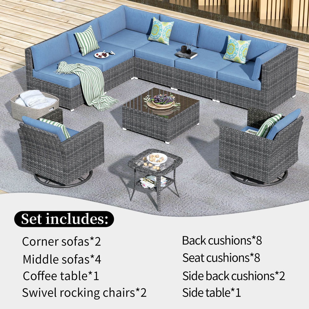 OVIOS Patio Furniture 10-Piece Outdoor Sectional Sofa Set with Wicker Rocking Swivel Chairs and Tempered Glass Table