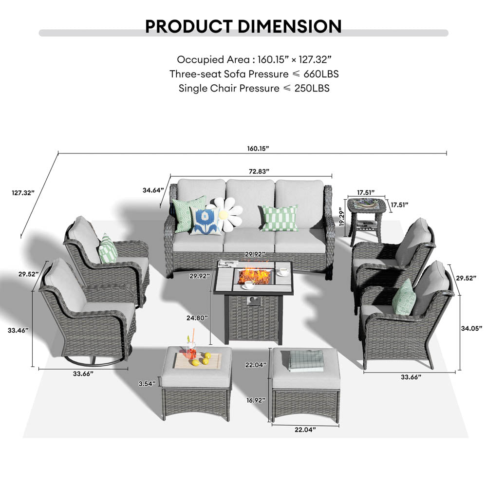 Ovios Outdoor Furniture 9-Piece with 30'' Fire Pit Table and Kenard 2 Rocking Chairs