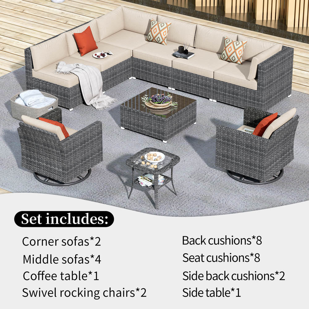 OVIOS Patio Furniture 10-Piece Outdoor Sectional Sofa Set with Wicker Rocking Swivel Chairs and Tempered Glass Table