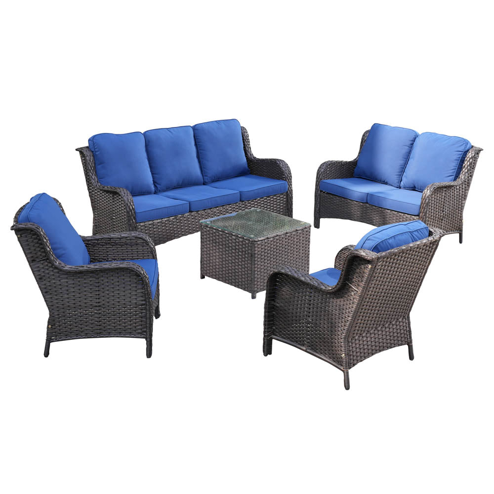 Ovios Patio Kenard 5-Piece Conversation Set with Loveseat and Tempered Glass Table