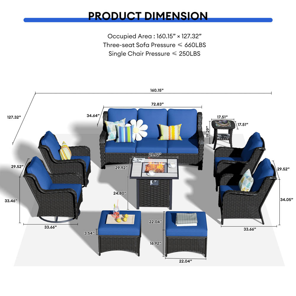 Ovios Outdoor Furniture 9-Piece with 30'' Fire Pit Table and Kenard 2 Rocking Chairs