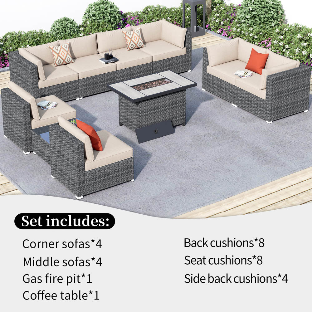 OVIOS Patio Furniture Set 10-Piece with All Weather Rattan Wicker Sofa and 42.12'' Fire Pit
