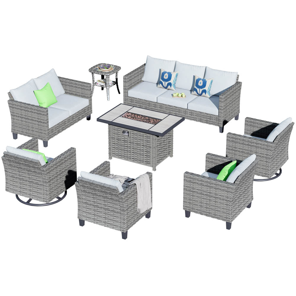 Ovios Patio Vultros 8-Piece Set With Swivel Chair and Rectangle 42'' Propane Fire Pit Table