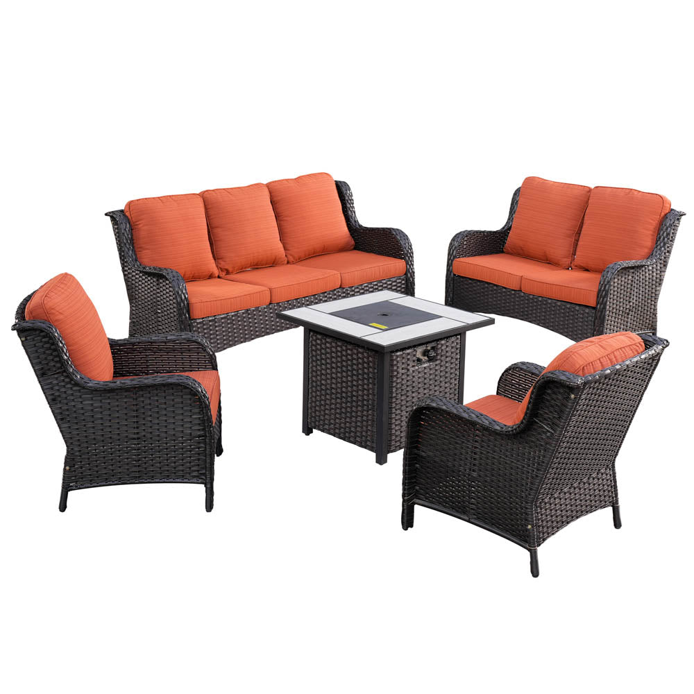 Ovios Patio Kenard 5-Piece Conversation Set with 30'' Fire Pit Table and Loveseat