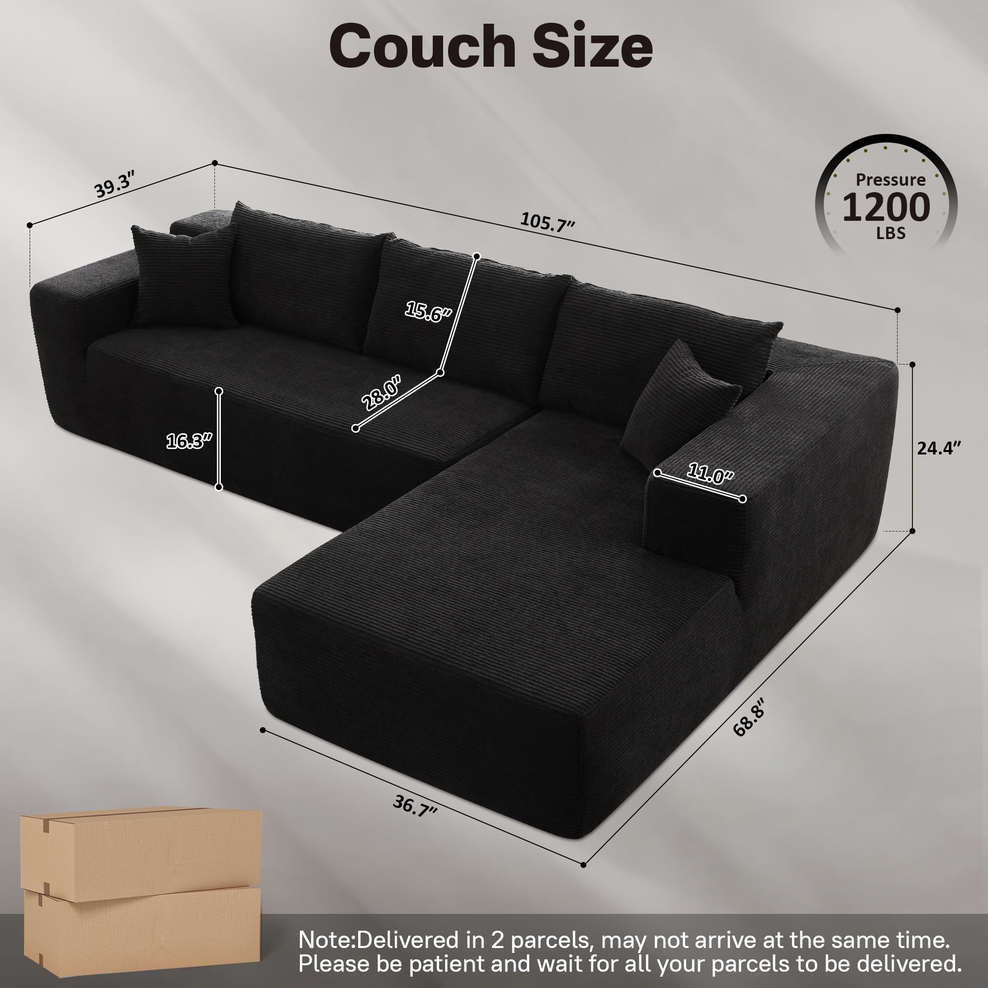 OVIOS 104" L-Shape Modular Couch with Chaise, Plush Corduroy Fabric, No Assembly Required