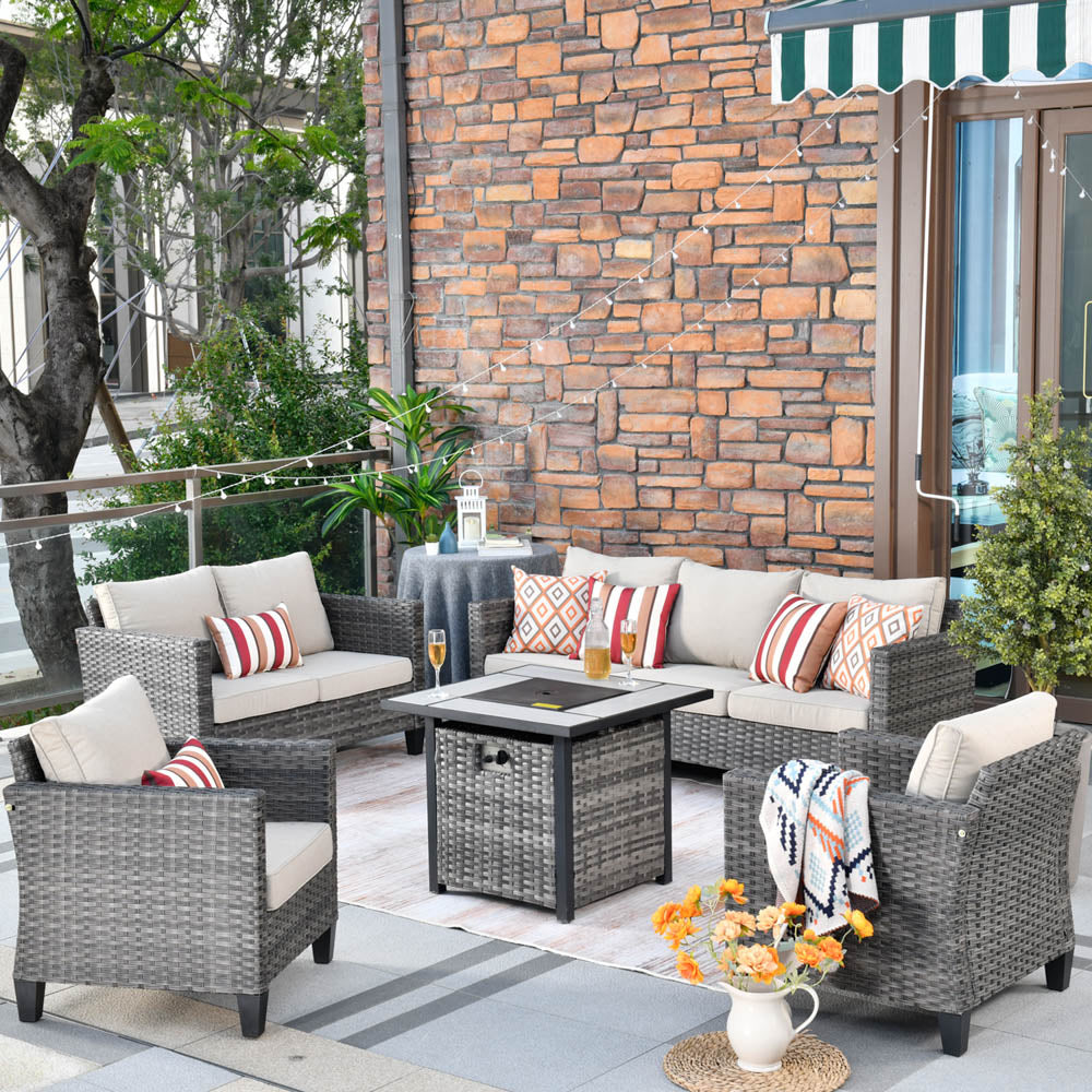 OVIOS Patio Vultros Furniture Set 7-Person Seating with 30'' Propane Fire Pit Table