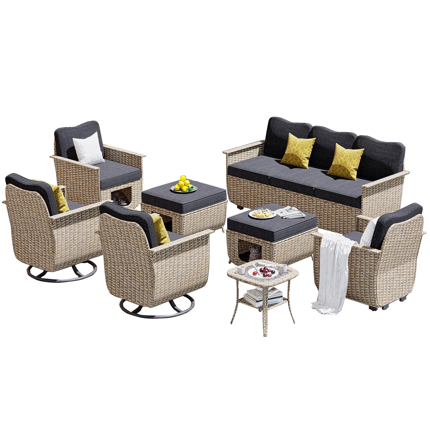 Ovios Outdoor Furniture Beige Wicker Set 8 Pieces with 2 Swivel Chair Side Table and Multifunctional Storage