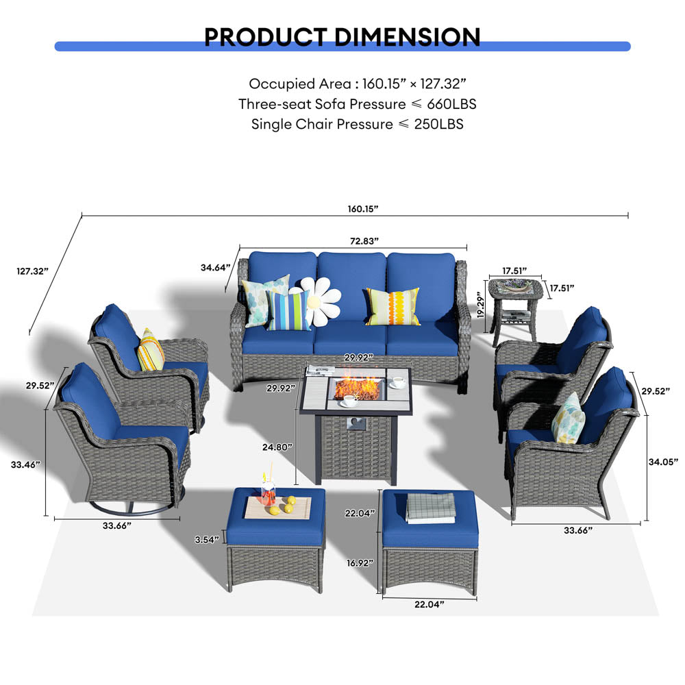 Ovios Outdoor Furniture 9-Piece with 30'' Fire Pit Table and Kenard 2 Rocking Chairs