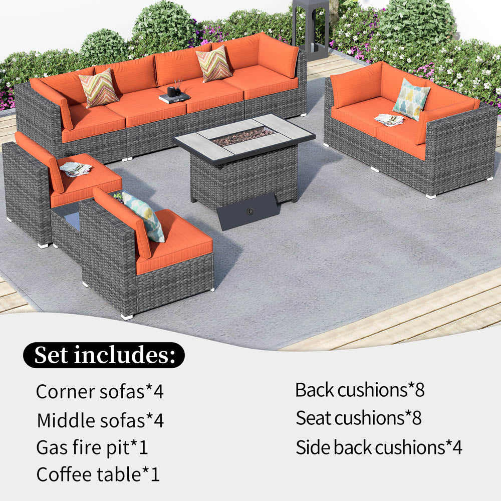 OVIOS Patio Furniture Set 10-Piece with All Weather Rattan Wicker Sofa and 42.12'' Fire Pit