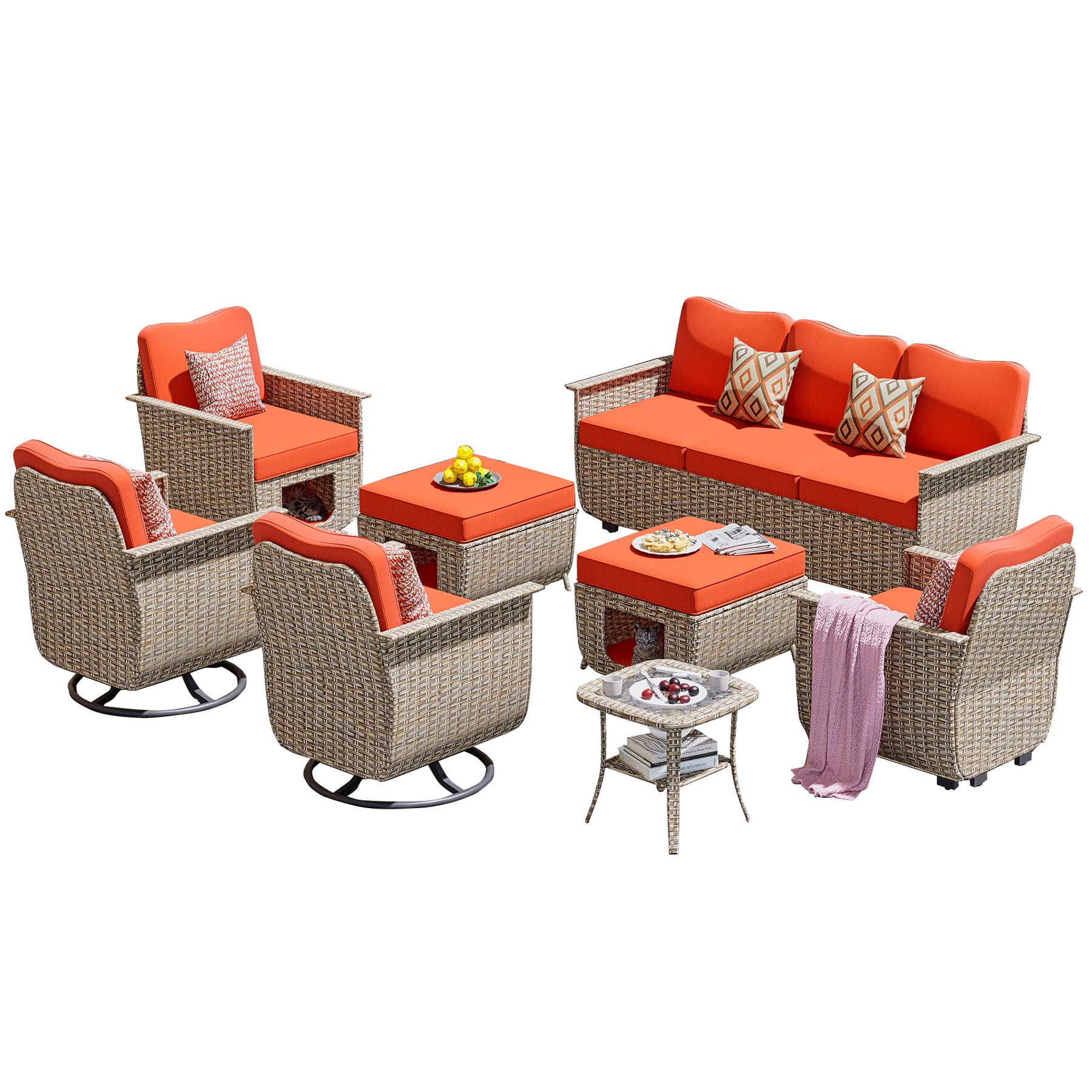 Ovios Outdoor Furniture Beige Wicker Set 8 Pieces with 2 Swivel Chair Side Table and Multifunctional Storage