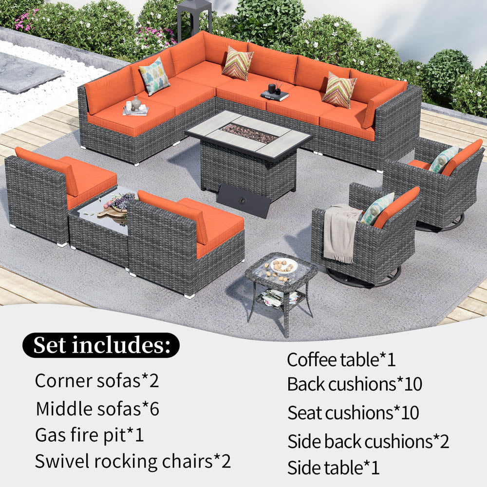 OVIOS Patio Furniture 13-Piece Outdoor Sectional Sofa Set with Wicker Rocking Swivel Chairs and 42.12'' Fire Pit