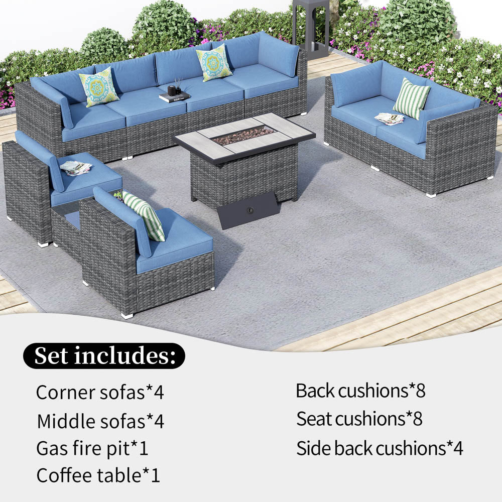 OVIOS Patio Furniture Set 10-Piece with All Weather Rattan Wicker Sofa and 42.12'' Fire Pit